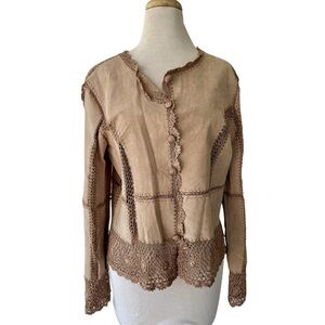 Vtg Suede Essentials Tan Suede Leather Jacket Sz M Patchwork Crochet Boho 1980s